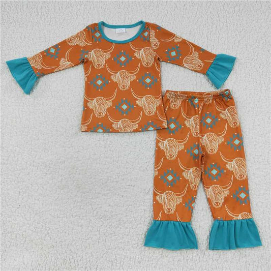 GLP0511Highland cow aztec long sleeves girls pajamas