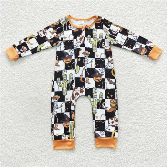 RTS LR0404 Skull Cactus Pumpkin Black and White Plaid Zipper Long Sleeve Bodysuit