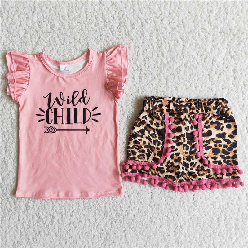 Pink pompom leopard Shorts sets