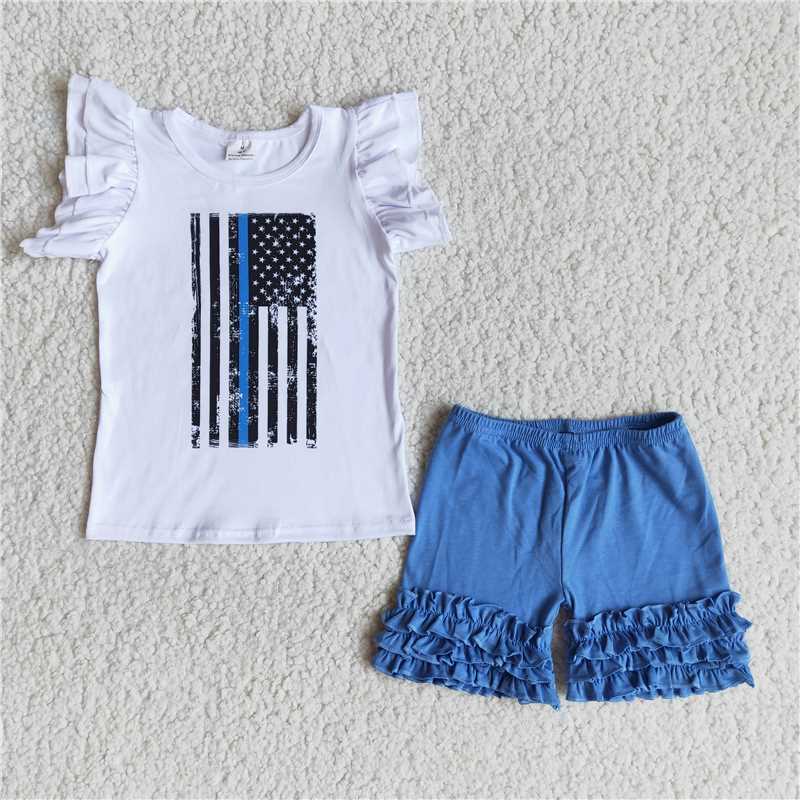 A7-12 Girls White Top Flag Sleeve Blue Shorts Outfit 4th of July