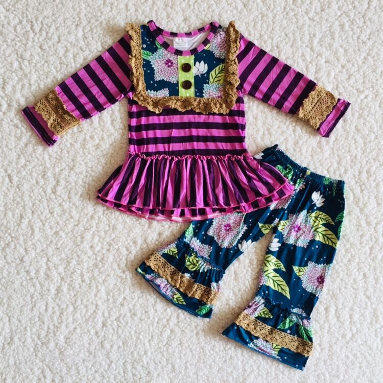 6 B8-36Purple stripe top floral pants girls fall clothes