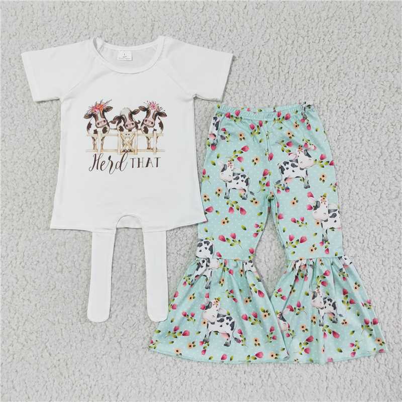 A12-15 Flower cow green bell bottom pants