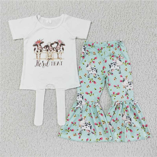 A12-15 Flower cow green bell bottom pants