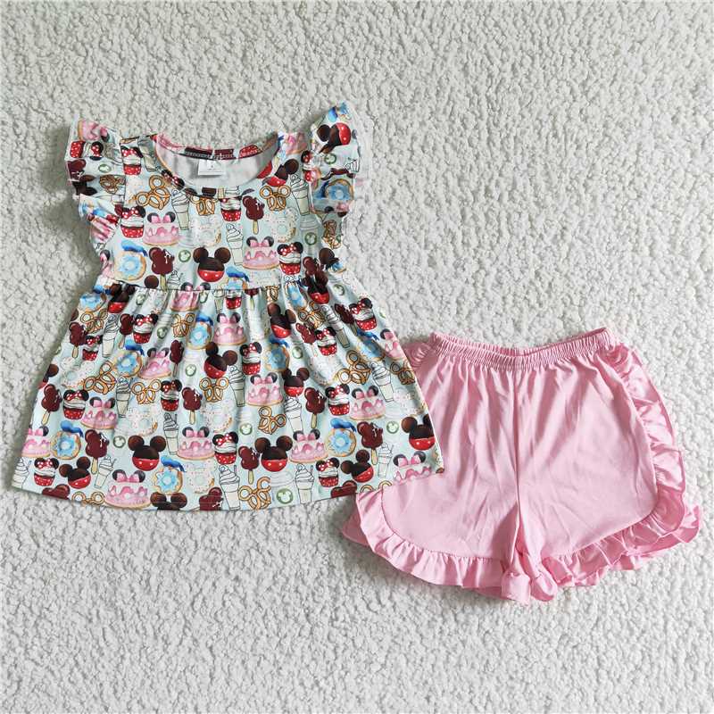Pink mini ruffles shorts set