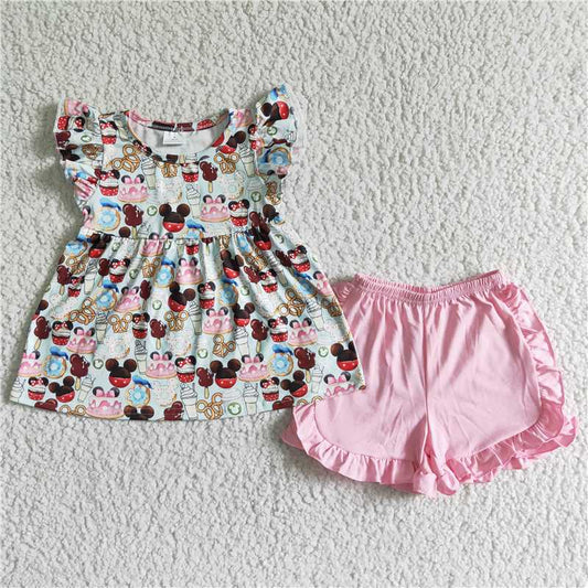 Pink mini ruffles shorts set