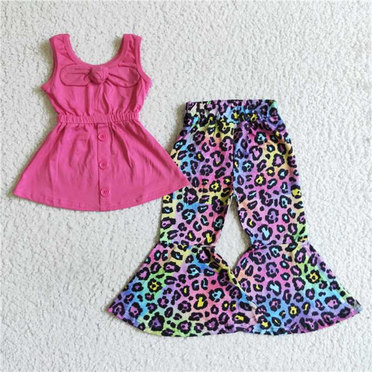 B17-21 Rose red shoulder strap top and colorful flared pants