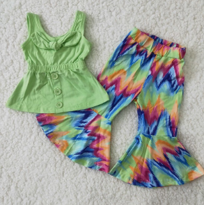 A17-23 Green strap top and tie-dyed flared pants