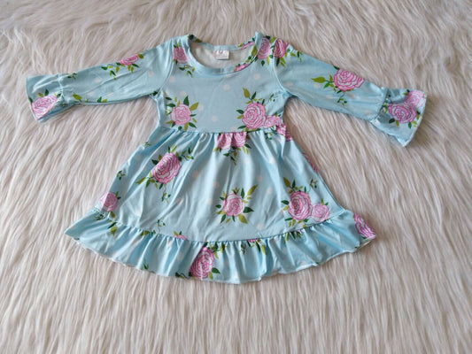 9.22 RTS NO MOQ（In stock）G1-3-1 [ Baby Girls Winter Dress Floral blue long-sleeved dress