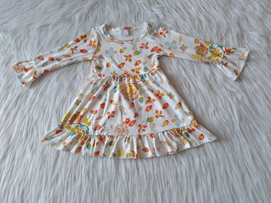 9.22 RTS NO MOQ（In stock）G1-3-1` Baby Girls Winter Dress Yellow flower beige long-sleeved dress