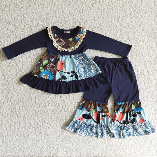 6 A29-26Bird patchwork long sleeve tunic pants children clothing sets