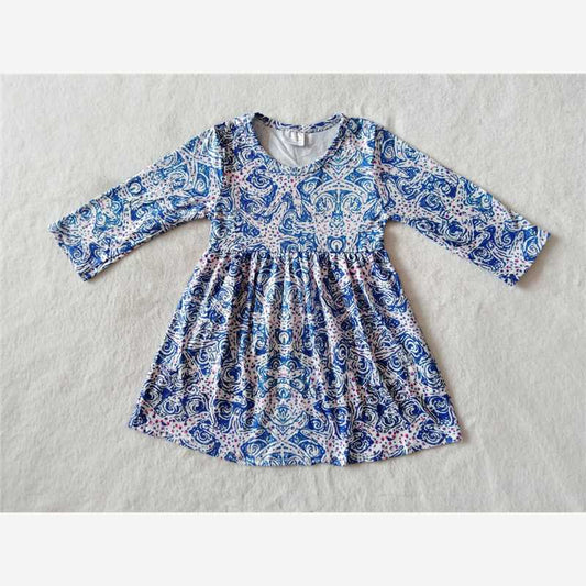 9.19 RTS NO MOQ（In stock）G2-16-2'; Baby Girls Winter Dress Blue floral long-sleeved dress