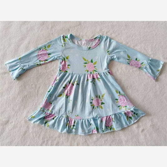 9.15 RTS NO MOQ （In stock）	 G2-16-6 Baby Girls Winter Dress Baby Girls Purple flowers light blue knee-length Dresses
