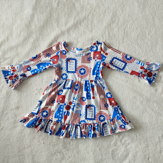9.15 RTS NO MOQ （In stock）G4-10‘..’ Baby Girls Winter Dress Baby Girls Blue circle five-pointed star knee-length Dresses