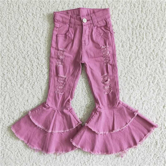 C13-11  Baby girls lavender distressed denim double ruffle bell pants