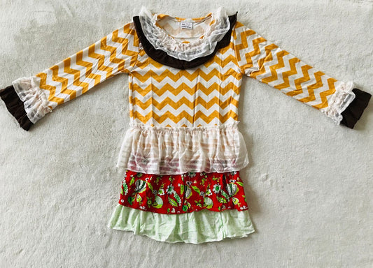 9.26 RTS NO MOQ（In stock）G3-12'' Baby Girls Winter Dress Light yellow wavy white lace long-sleeved dress
