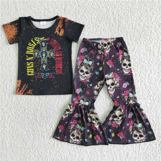 A0-3 Yellow letter skull short-sleeved trousers suit