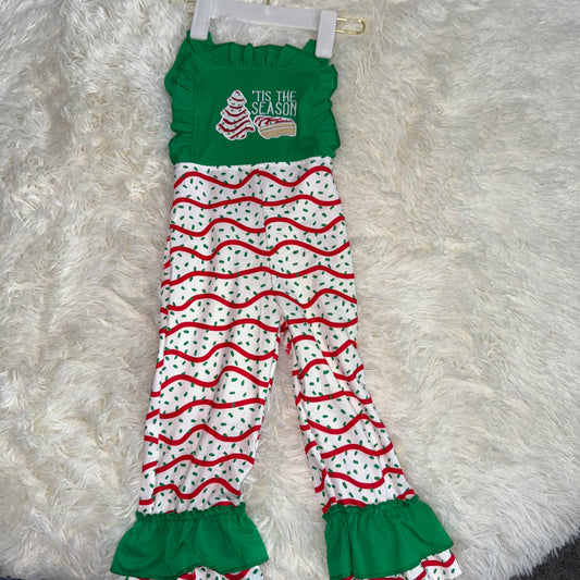 11.7 RST SR3178 Embroidery Baby Girls Green Strap Red Stripe Trees Ruffle Pant Jumpsuits