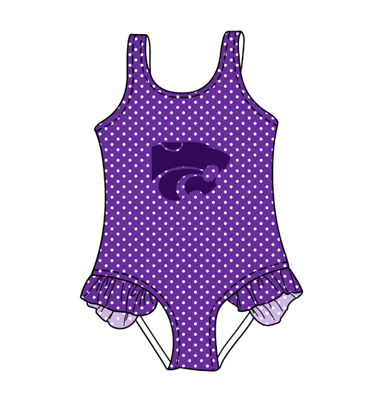 CUSTOM MOQ 5 Cute Comfortable Clothing For Kids Baby Girls Purple Polka Dots Ruffle Team One Piece Swimsuits