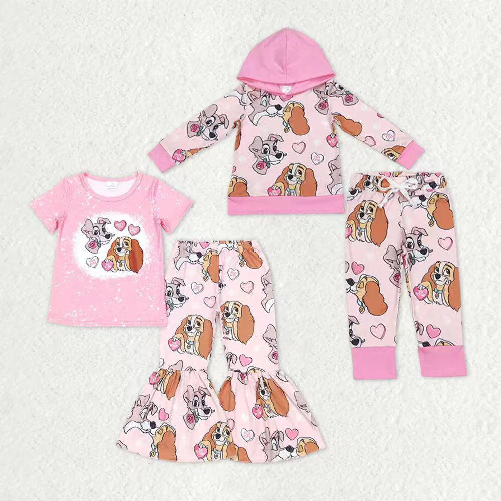 11.20 RTS Sibling Baby Girls Pink Dogs Valentines Hooded Tee Top Pants Clothes Sets