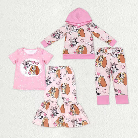 11.20 RTS Sibling Baby Girls Pink Dogs Valentines Hooded Tee Top Pants Clothes Sets