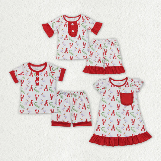 Blue and red crayfish red lace short-sleeved shorts suit & short-sleeved dress