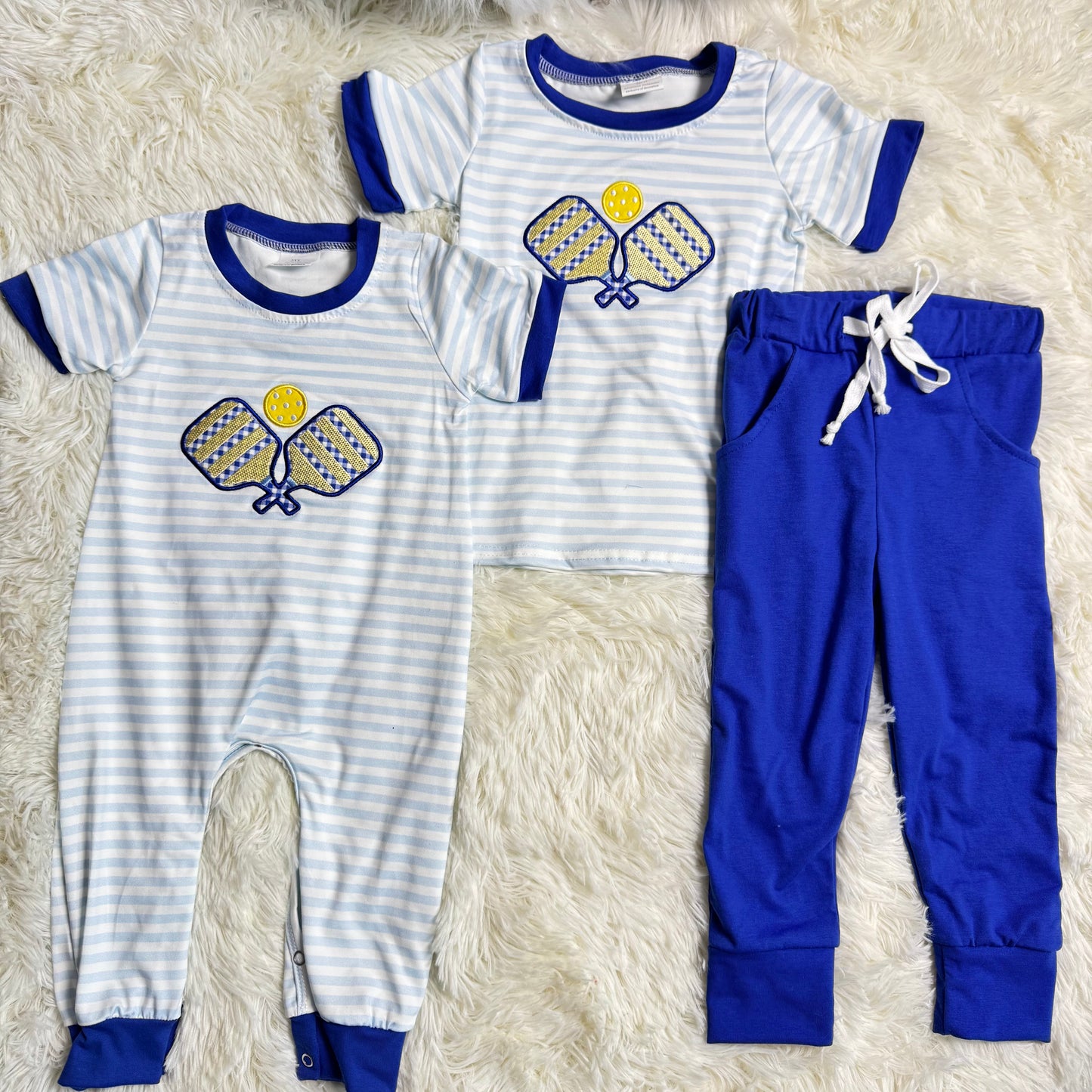 12.12 RTS Sibling Baby Boys Blue Stripe Embroidery Tennis Pants Team Clothes Set Footie Rompers