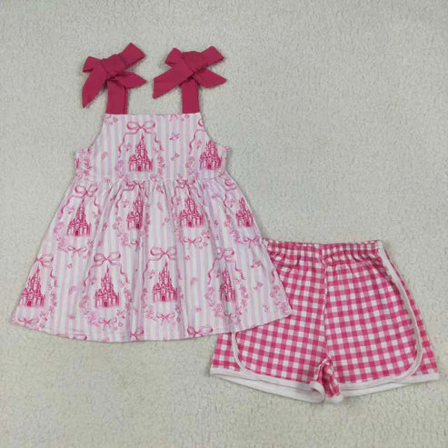 9.23 RTS Sibling Baby Girls Pink Straps Castles Bows Checked Shorts Clothes Sets Romper