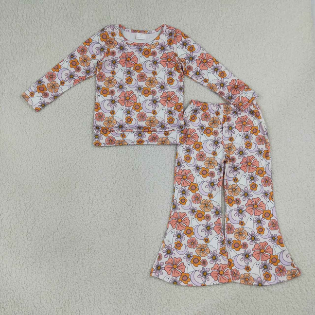 GLP3404 RTS NO MOQ （In stock）Baby Girls Spooky Ghost Flower Top Flare Pants Halloween Matching Clothes Sets