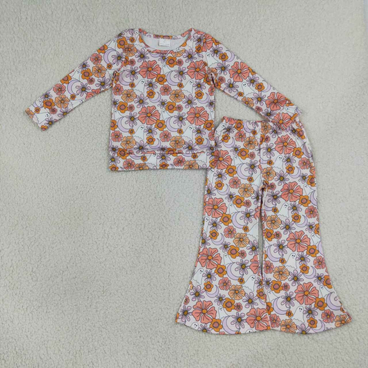 GLP3404 RTS NO MOQ （In stock）Baby Girls Spooky Ghost Flower Top Flare Pants Halloween Matching Clothes Sets