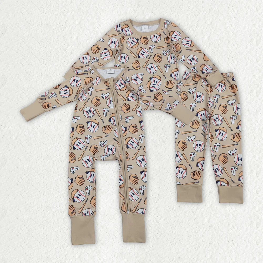 11.12 RTS Sibling Baby Boys Smile Baseballs Top Pant Team Pajamas Sets Zipper Footie Rompers