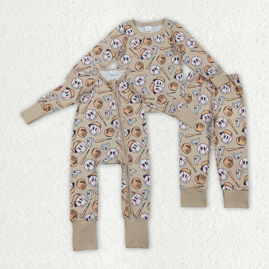 11.12 RTS Sibling Baby Boys Smile Baseballs Top Pant Team Pajamas Sets Zipper Footie Rompers