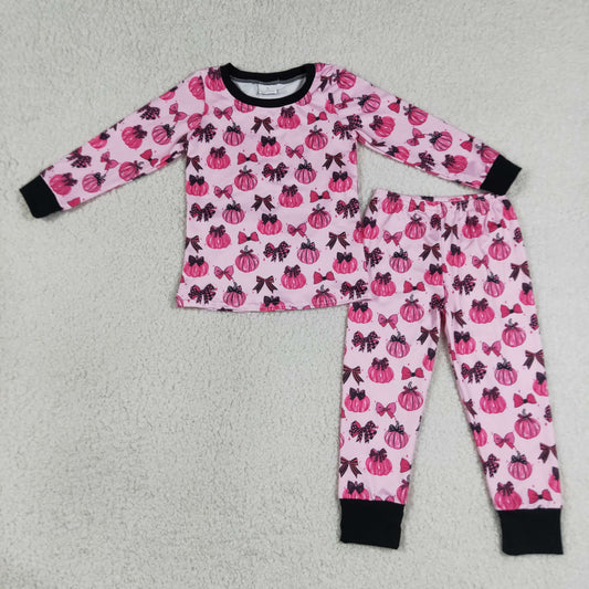 GLP3375 RTS NO MOQ （In stock）Long sleeves pink pumpkin bow kids girls fall pajamas