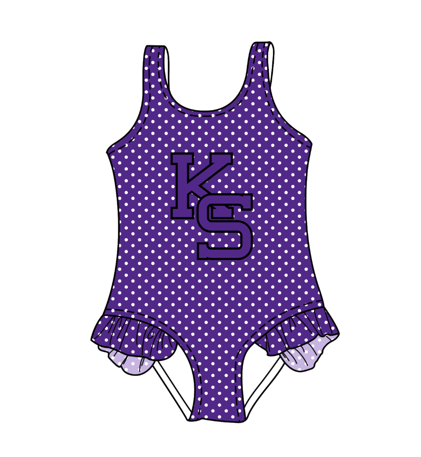 CUSTOM MOQ 5 Cute Comfortable Clothing For Kids Baby Girls Purple KS Polka Dots Ruffle Team One Piece Swimsuits