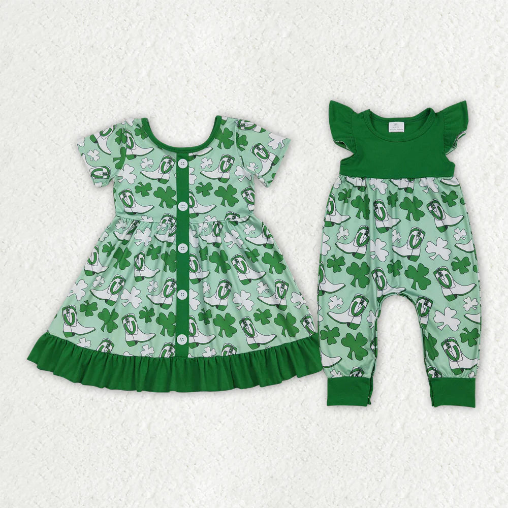 1.16 RTS Sibling Baby Girls Green Clovers Boots St Patrick Button Ruffle Knee Length Dress Rompers