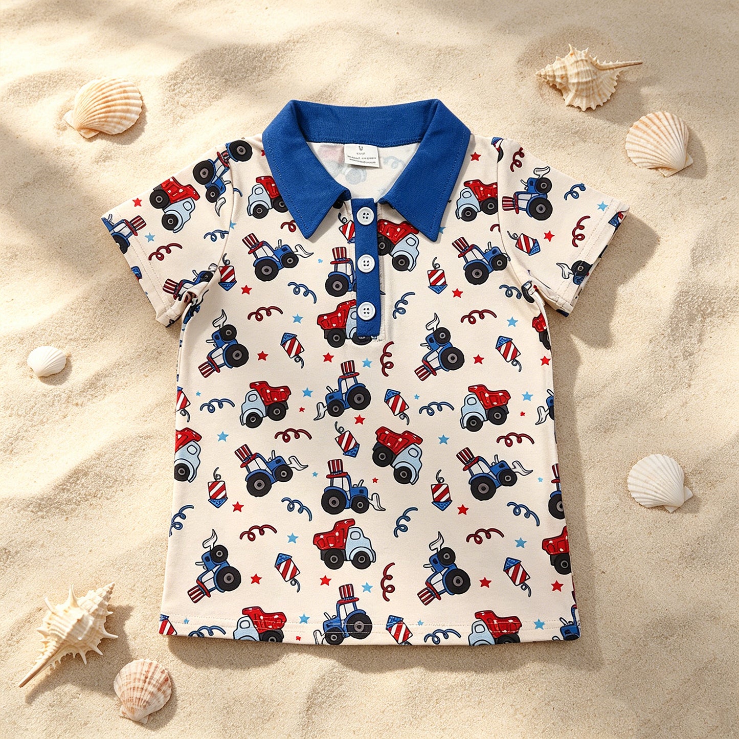 BT1163 RTS NO MOQ （In stock ）Blue short sleeves tractor kids boys 4th of july polo shirt