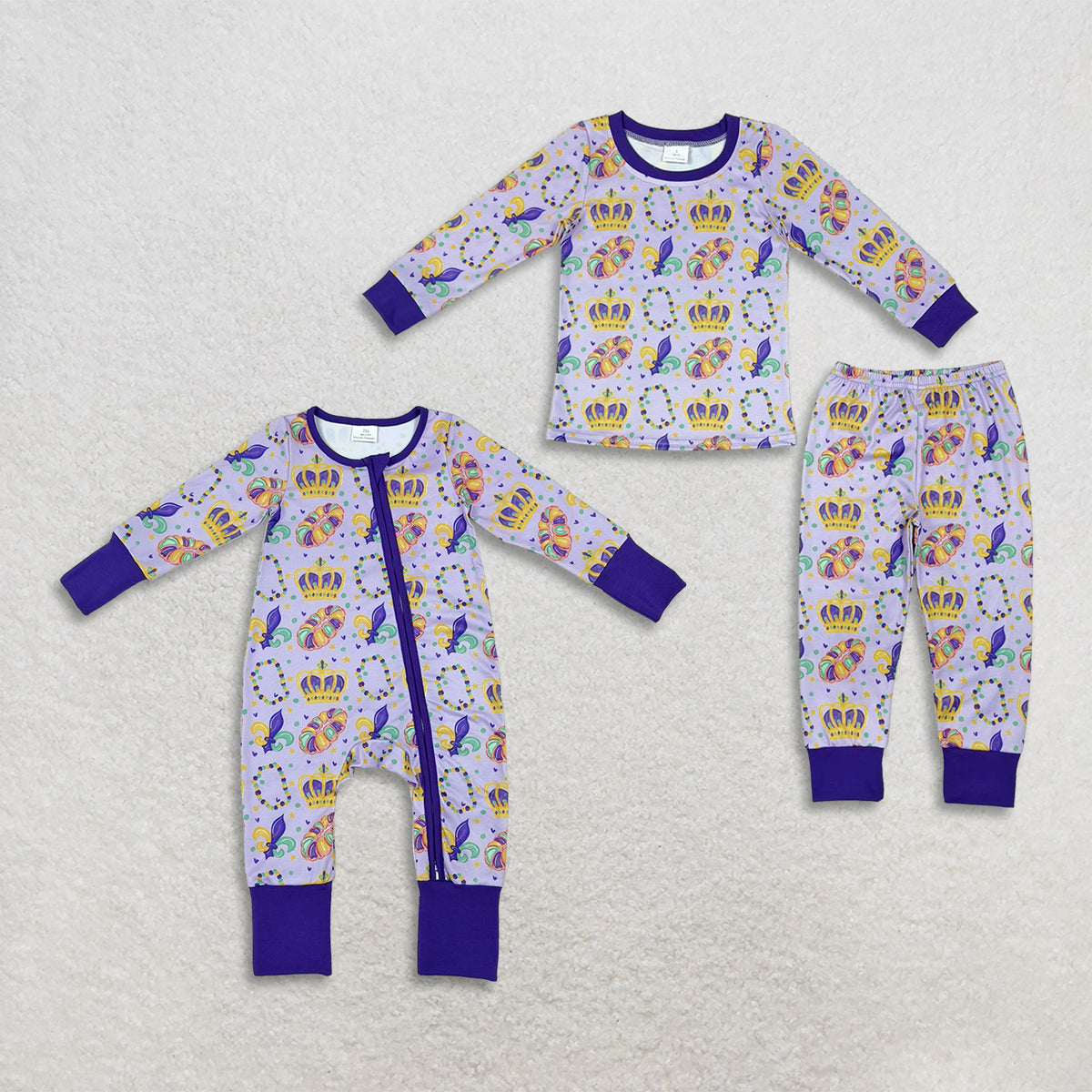 RTS NO MOQ Sibling milk silk Baby Boys Print Purple Zipper Romper And Toddler Long Sleeve Top Pants Pajama Set