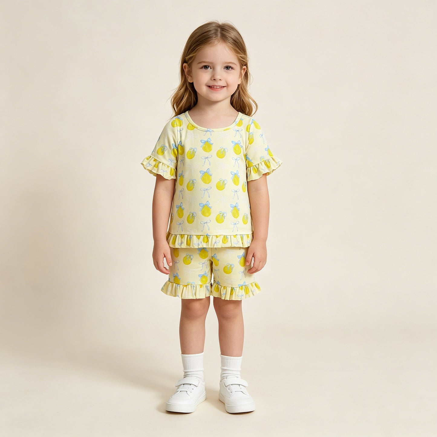 GSSO3326 RTS NO MOQ （In stock ）Short sleeves lemon bow ruffle top shorts girls outfits