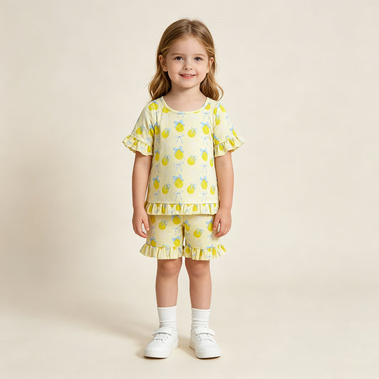 GSSO3326 RTS NO MOQ （In stock ）Short sleeves lemon bow ruffle top shorts girls outfits