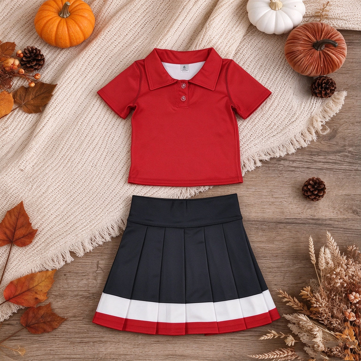 RTS NO MOQ （In stock）yoga fabric cotton GT1727+GLK0319 Yoga Baby Girls Red Short Sleeve Yoga Active Button Polo Shirts Top Daily Top Yellow Green White Yoga Active Pleated Skirt Short Bottoms Sets