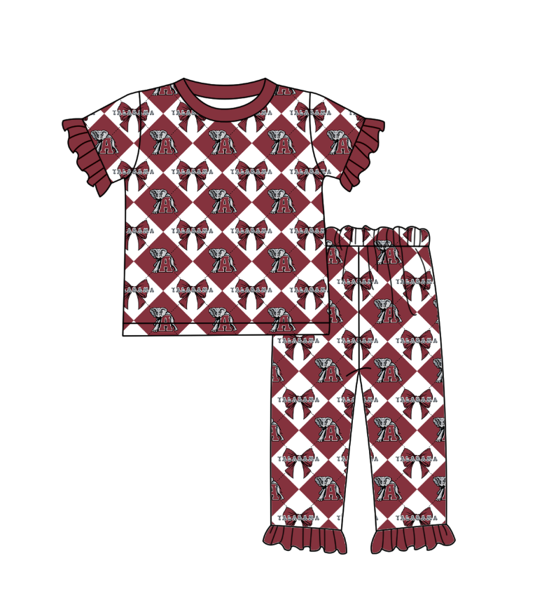 CUSTOM MOQ 5 Baby Girl Clothes Dark Red Bow Plaid Top Pants Team Pajamas Sets