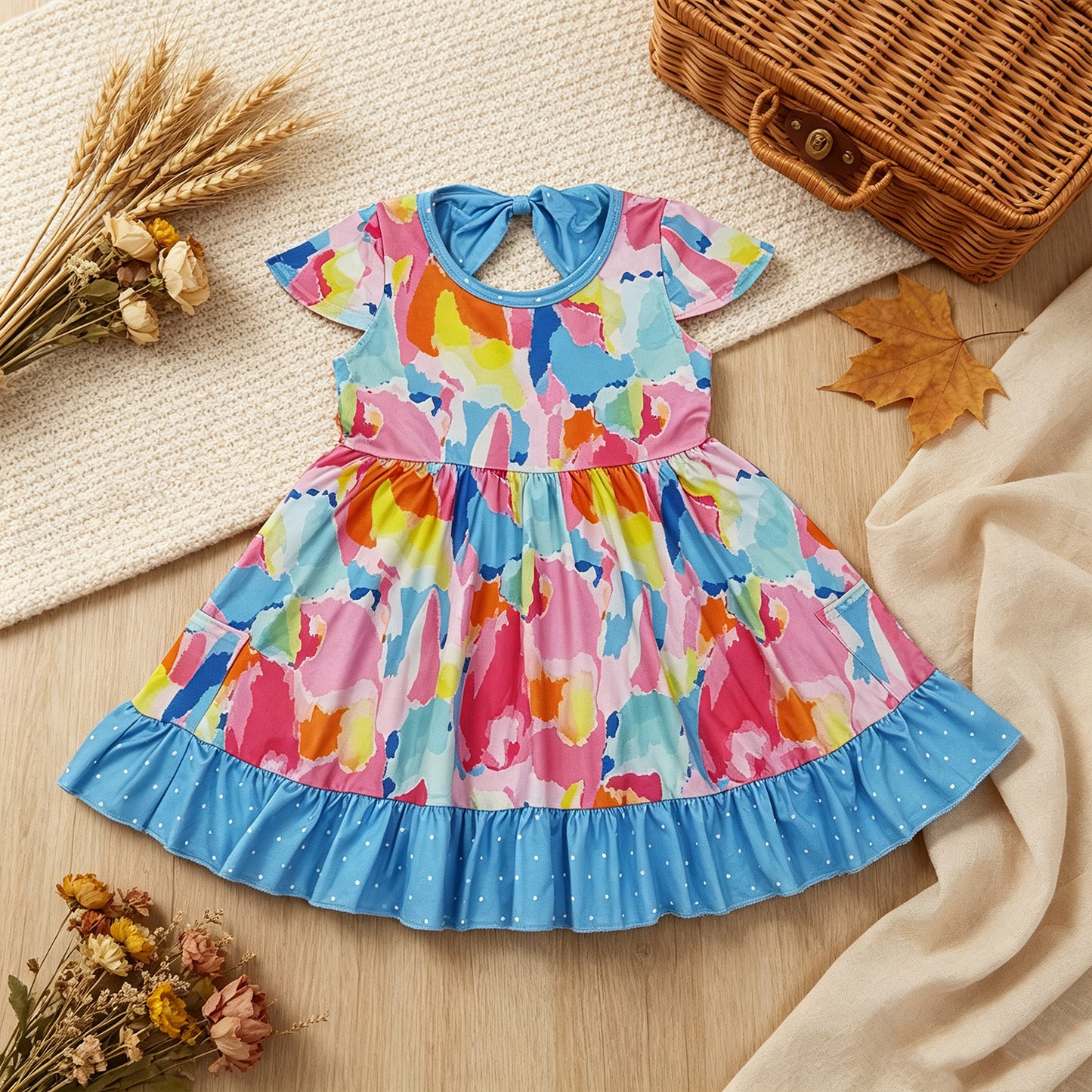 RTS NO MOQ （In stock）milk silk GSD2610 Baby Girls Cute Short Sleeve Watercolor Camo Print Ruffle Trim Pocket Knee Length Dress
