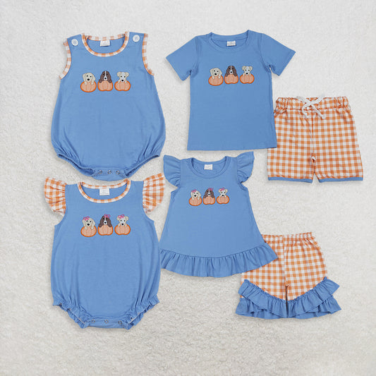 RTS Sibling Baby Girls Boys and Girls Plaid Shorts And Pumpkin Dog Top with Short Sleeves Fall Clothing Set for Kids