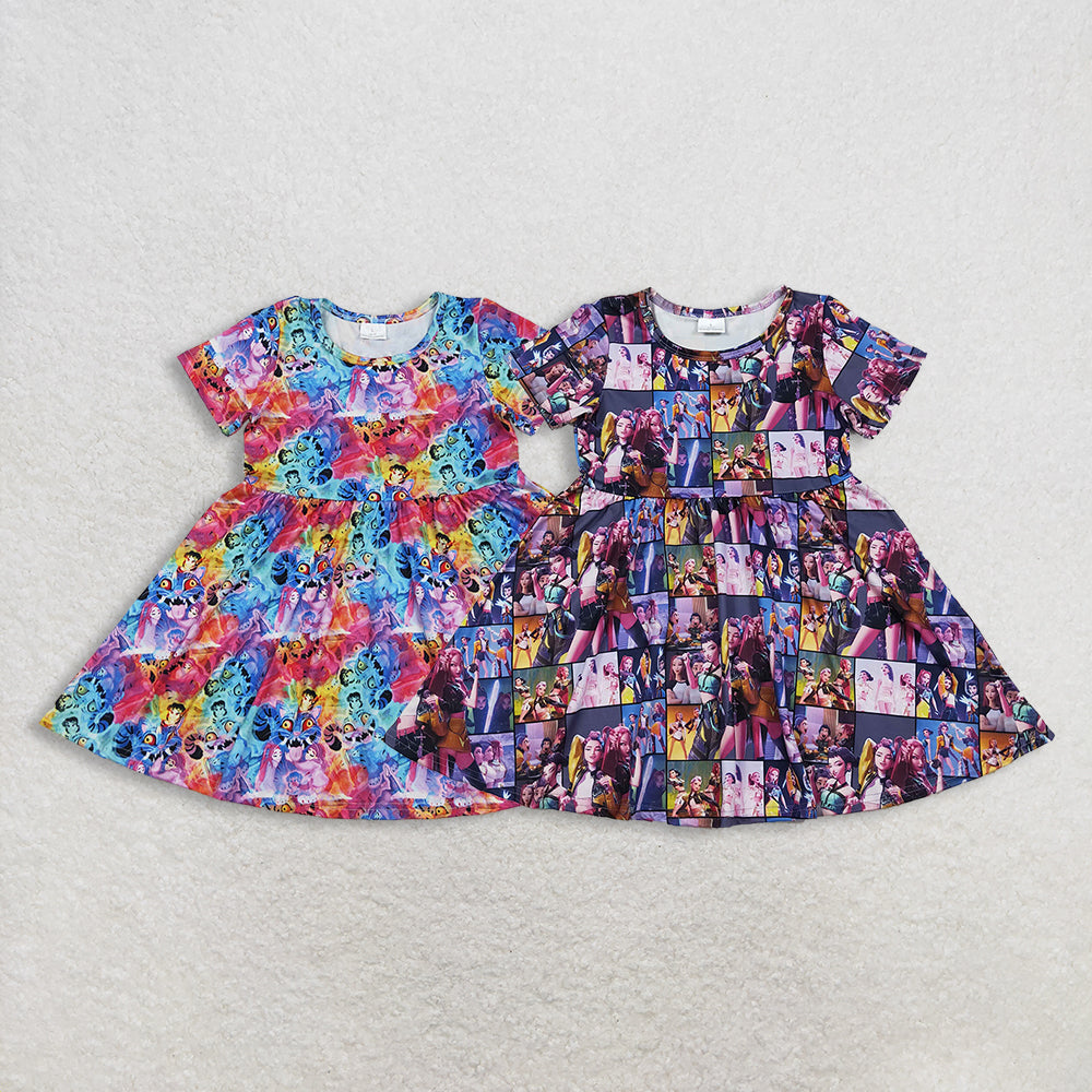 11.13 RST Sibling Baby Girls Short Sleeve Cartoon Demon Hunter Knee Length Dresses