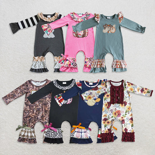 USA Warehouse (IN STOCK) Floral Leopard Pumpkin Ruffle Baby Romper Long Sleeve Cotton Fall Outfit with Pumpkin Embroidery for Infants
