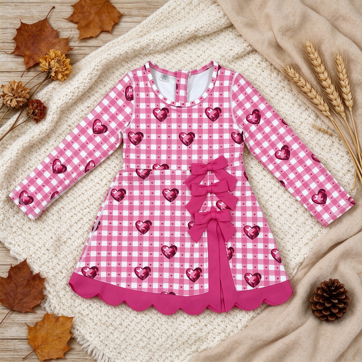 RTS NO MOQ （In stock）yoga fabric GLD1750 Yoga Baby Girls Valentines Day Long Sleeve Dress Checked Heart Print Bow Ruffle Hem Yoga Active Dress