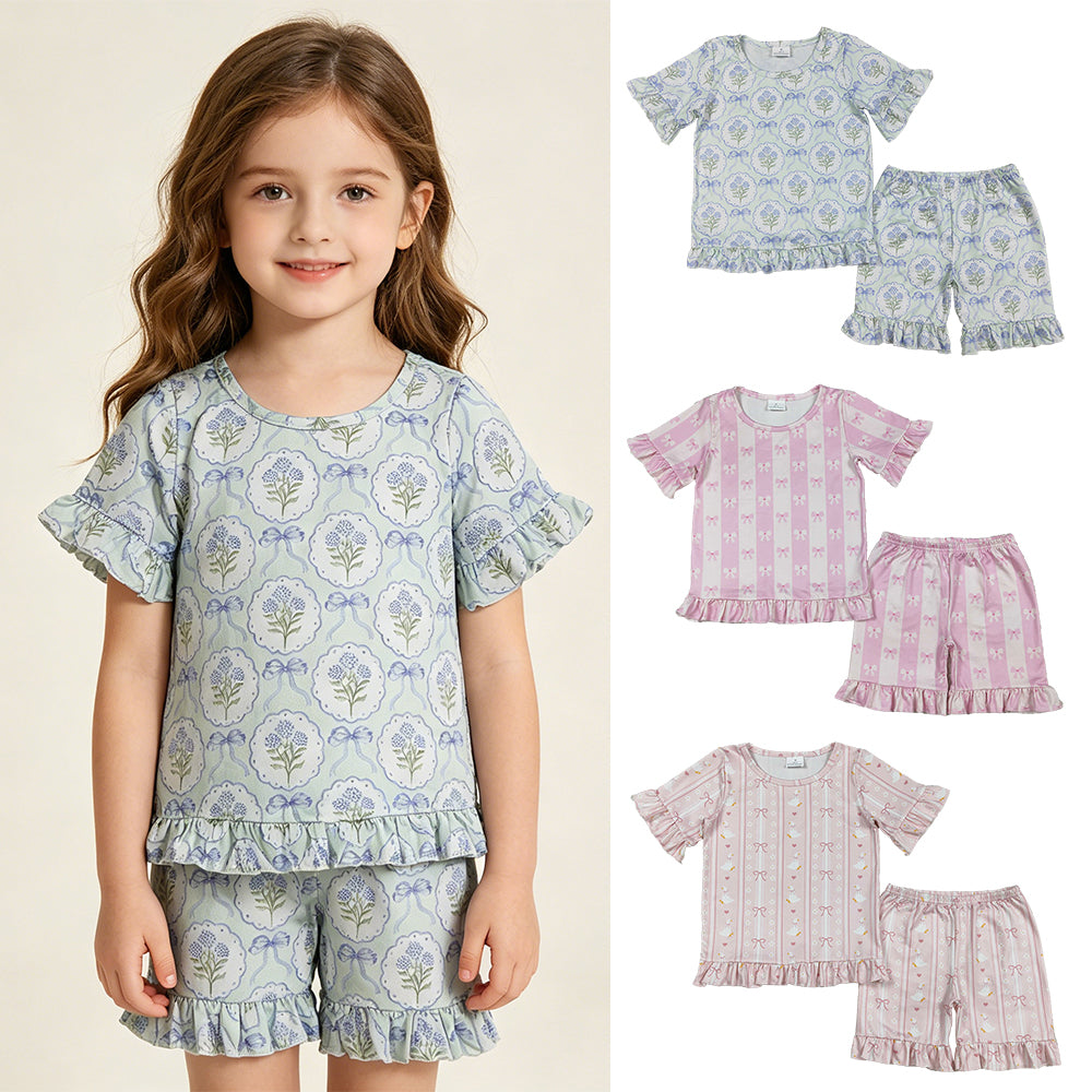 RTS NO MOQ （In stock ）Short sleeves goose bow floral top shorts girls outfits
