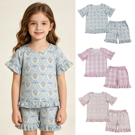 RTS NO MOQ （In stock ）Short sleeves goose bow floral top shorts girls outfits