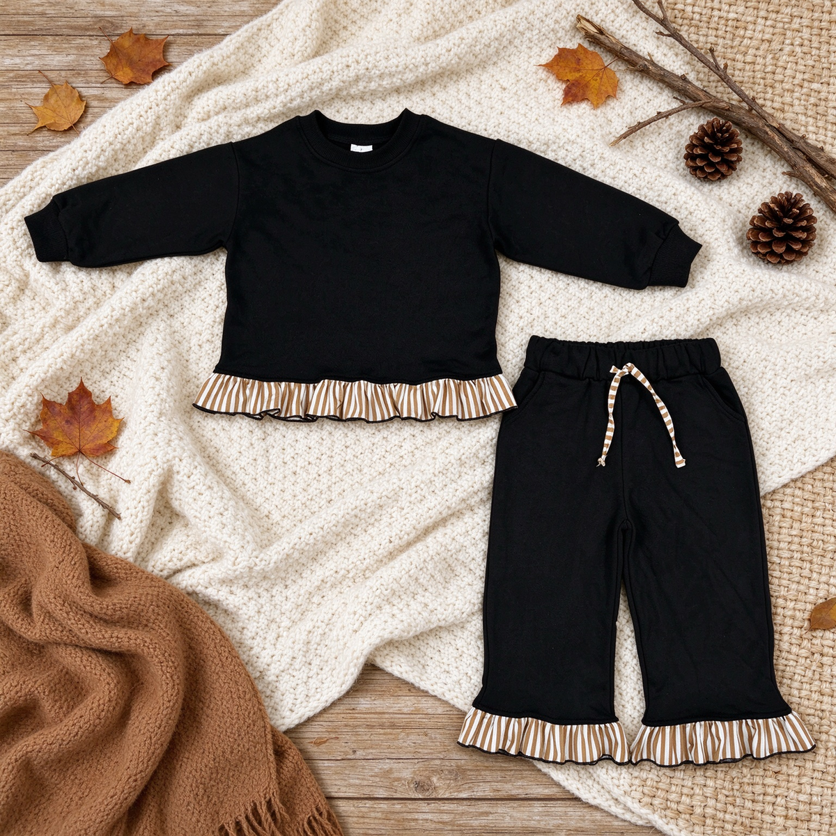 RTS NO MOQ （In stock） fleece GLP3671 Sweatshirt Material Kids Girls Black Long Sleeve Top Pockets Pants Sweatshirt Clothes Set Fall Outfit