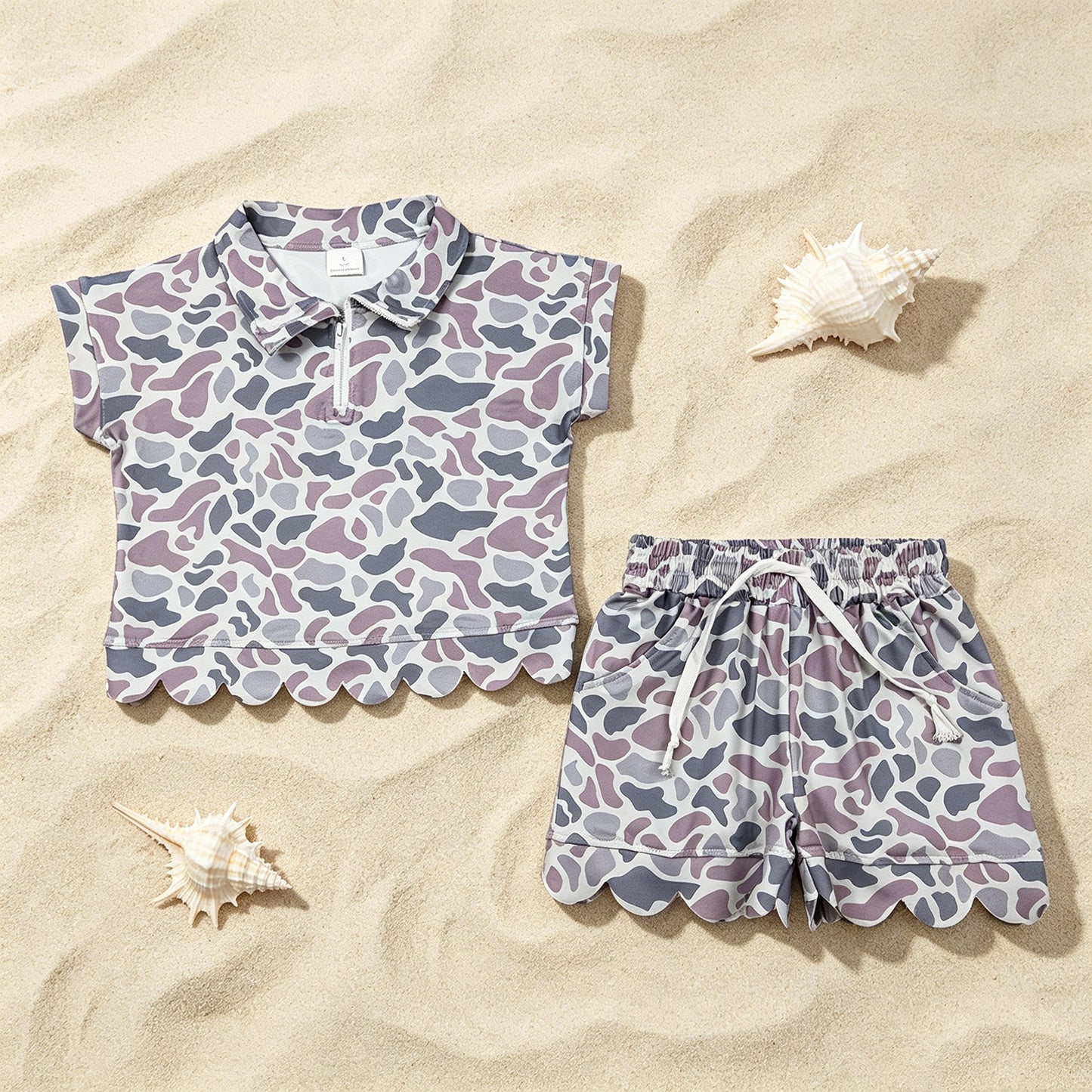 GSSO3564 RTS NO MOQ （In stock ）Short sleeves grey camo scallop pullover shorts girls outfits