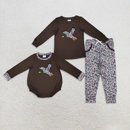 USA Warehouse (IN STOCK)  Brown Long Sleeves Duck Print Baby Boy Romper with Camo Pants Boys Clothing Set